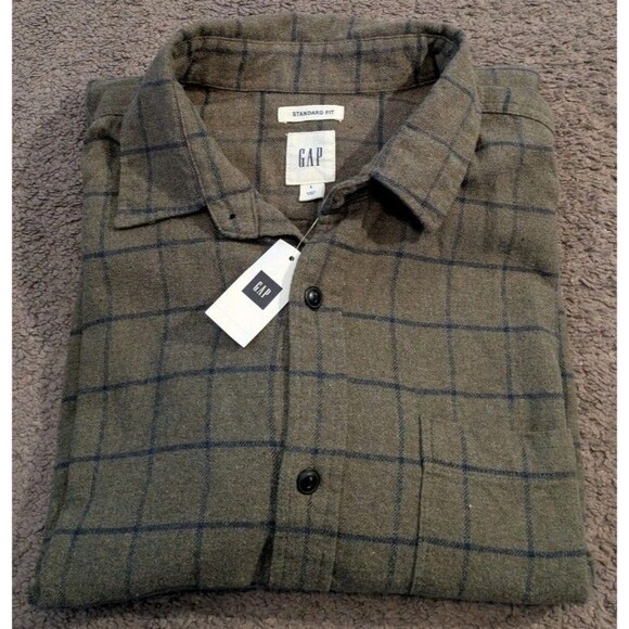 New with Tags! GAP Midweight Check Olive Flannel Shirt Men's Large - Picture 1 of 7